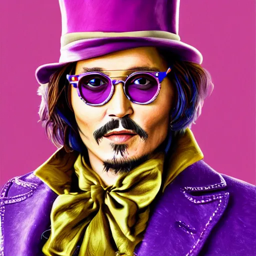 Prompt: portrait of johnny depp as willy wonka, highly detailed, centered, solid color background, digital painting