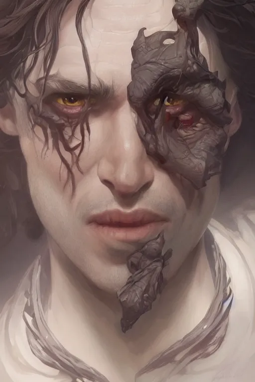 Image similar to up close portrait of a beautiful male vampire, d & d, face, fantasy, intricate, elegant, highly detailed, digital painting, artstation, concept art, smooth, sharp focus, illustration, art by artgerm and greg rutkowski and alphonse mucha