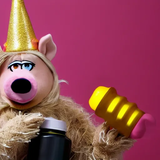 Image similar to pig working out wearing a gold crown as a Muppet holding a water bottle 8k