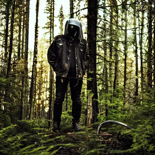 Prompt: picture of Metalhead standing in Dark boreal forest