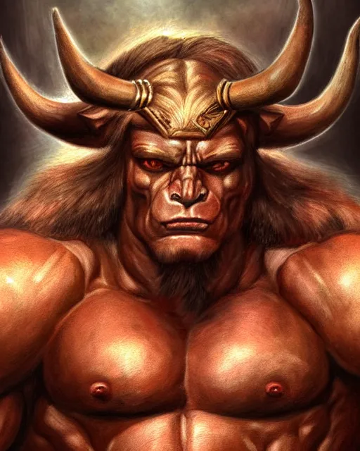 Prompt: minotaur from path of exile, portrait, digital painting, pecs like Schwarzenegger, highly detailed, intricate, trending on artstation, art by John Buscema