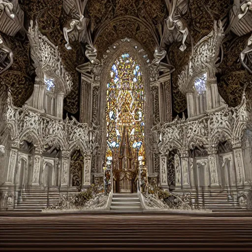 Image similar to a hyperrealistic 3 d render of a delicate ivory sculpture of an ornate detailed cathedral populated by mandelbrot fractals, micro detail, unreal engine, backlit lighting, psychedelic, octane renderer, catholicpunk, glowing, white color scheme, photorealistic, physically based rendering, angelic, colorful, carved soap, trending on cgsociety