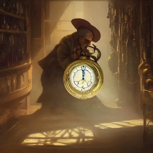 Prompt: an old watchmaker repairing an old pocket watch in a dark store, steampunk, painted by fenghua zhong and ruan jia and jeremy lipking and peter mohrbacher, mystical colors, rim light, beautiful lighting, 8 k, stunning scene, raytracing, octane, trending on artstation