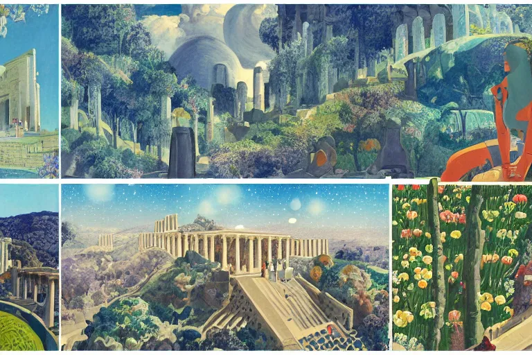 Image similar to night, stars, mecha robot, hanging gardens of babylon, temple of artemis at ephesus, waterfalls, blooming hills with spring flowers and pillars by helen lundeberg