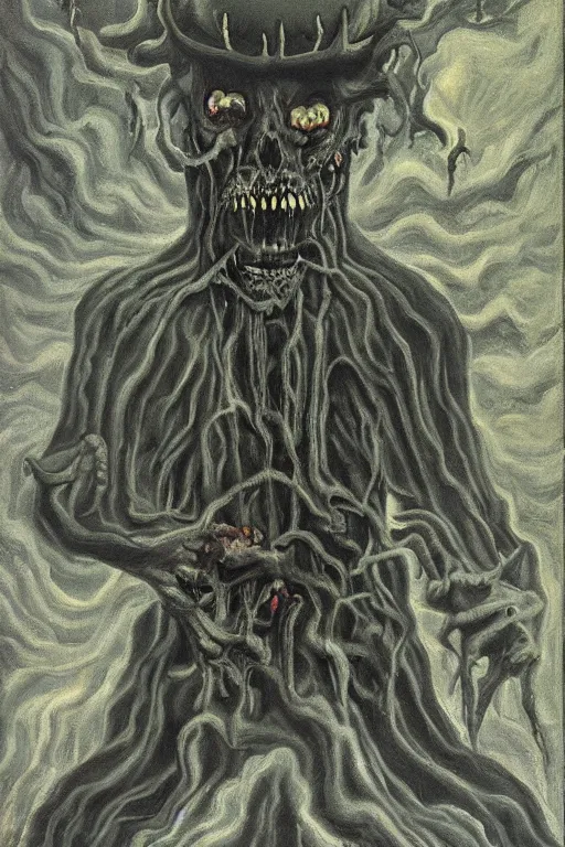 Prompt: dark smoke demon screams at the dead, detailed oil painting by grant wood, diesel gothic