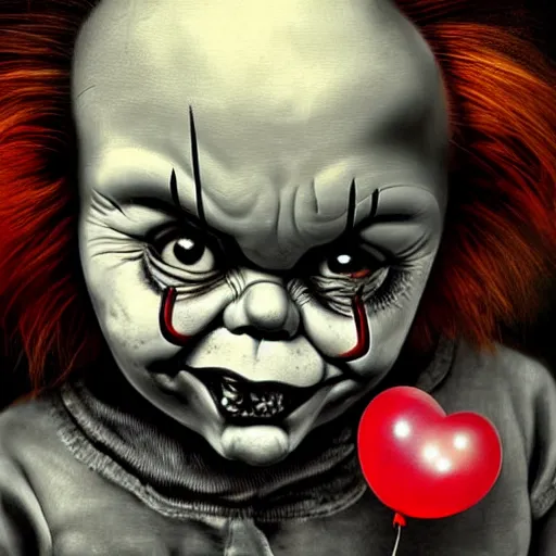 Image similar to surrealism grunge cartoon portrait sketch of chucky with a wide smile and a red balloon by - michael karcz, loony toons style, pennywise style, horror theme, detailed, elegant, intricate