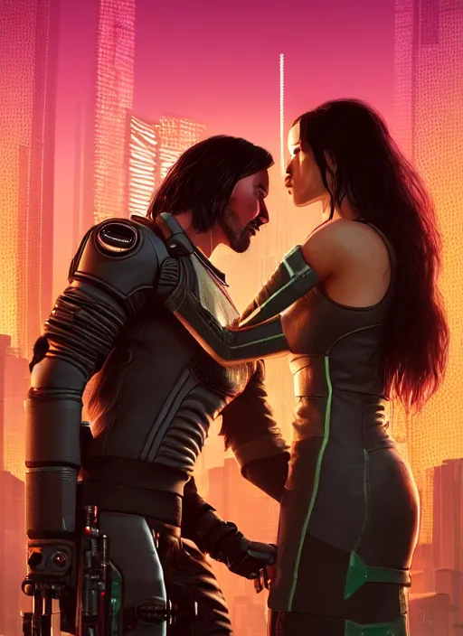 Image similar to a cyberpunk 2077 couple portrait of Keanu Reeves & female android final kiss in the night city,love,by Laurie Greasley,Lawrence Alma-Tadema,Dan Mumford,artstation,deviantart,FAN ART,Digital painting,face enhance,highly detailed,8K,octane,golden ratio,cinematic lighting