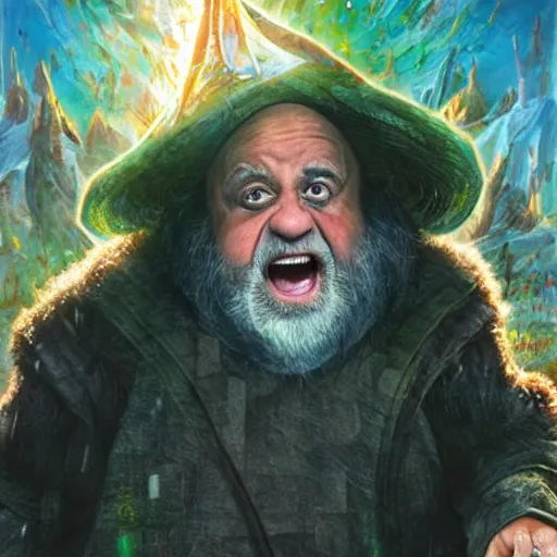 Image similar to Danny DeVito as angry wizard in adventure movie, highly detailed, sharp focus, digital painting, artwork by Victor Adame Minguez + Yuumei + Tom Lovell + Sandro Botticelli