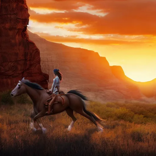 Image similar to spirit, the wild horse from the spirit movie, with the young girl named lucky on the horseback galloping next to a canyon into the sunset, movie poster, intricate detail, 8 k, trending on artstation, octane render