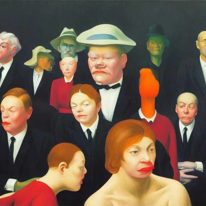 Image similar to group of people pictured in afternoon light, close - up of the faces, anatomically and proportionally correct, surrealist oil painting by edward hopper, francis bacon and rene magritte, detailed