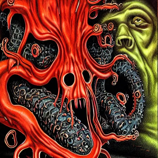 Prompt: guy richie's horror version. an unnatural abomination with long teeth, many tentacles, and gray skin. grunge, horror, dmt, dark and muted colors, detailed airbrush art, by yves klein