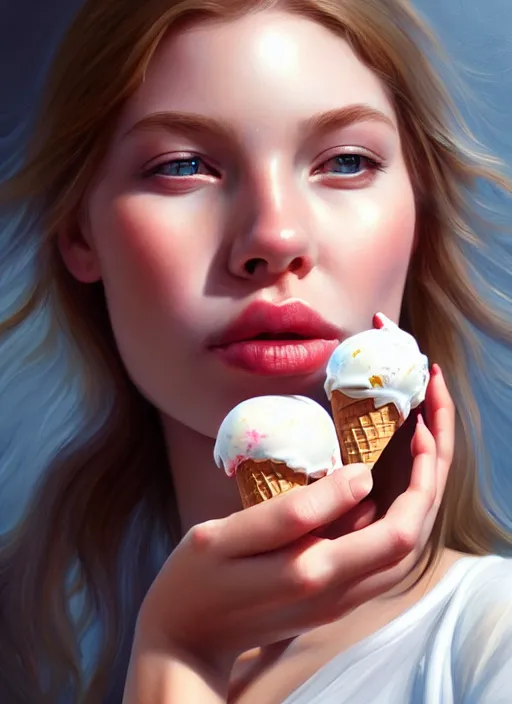 Image similar to a photorealistic detailed portrait of a beautiful girl eating ice cream, detailed, intricate, elegant, highly detailed, digital painting, artstation, concept art, smooth, sharp focus, illustration, art by greg rutkowskii 8 k