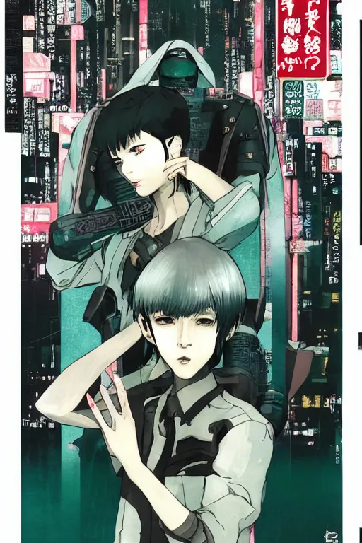 Image similar to professionally drawn seinen mature cyberpunk detective horror action manga comic cover about hinduism buddhism reincarnation cyborgs, full color, beautifully drawn coherent professional, drawn by ilya kuvshinov, ilya kuvshinov, satoshi kon and tsutomu nihei. japanese script kanji hiragana on the cover. minimalist stylized cover art. blue green cel shaded