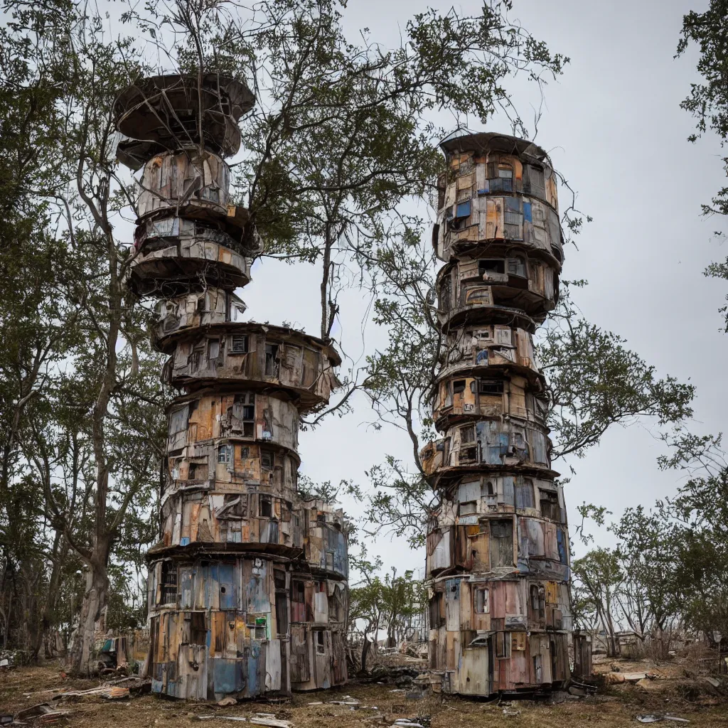 Image similar to a circular tower, made up of makeshift squatter shacks, dystopia, sony a 7 r 3, f 1 1, fully frontal view, photographed by jeanette hagglund