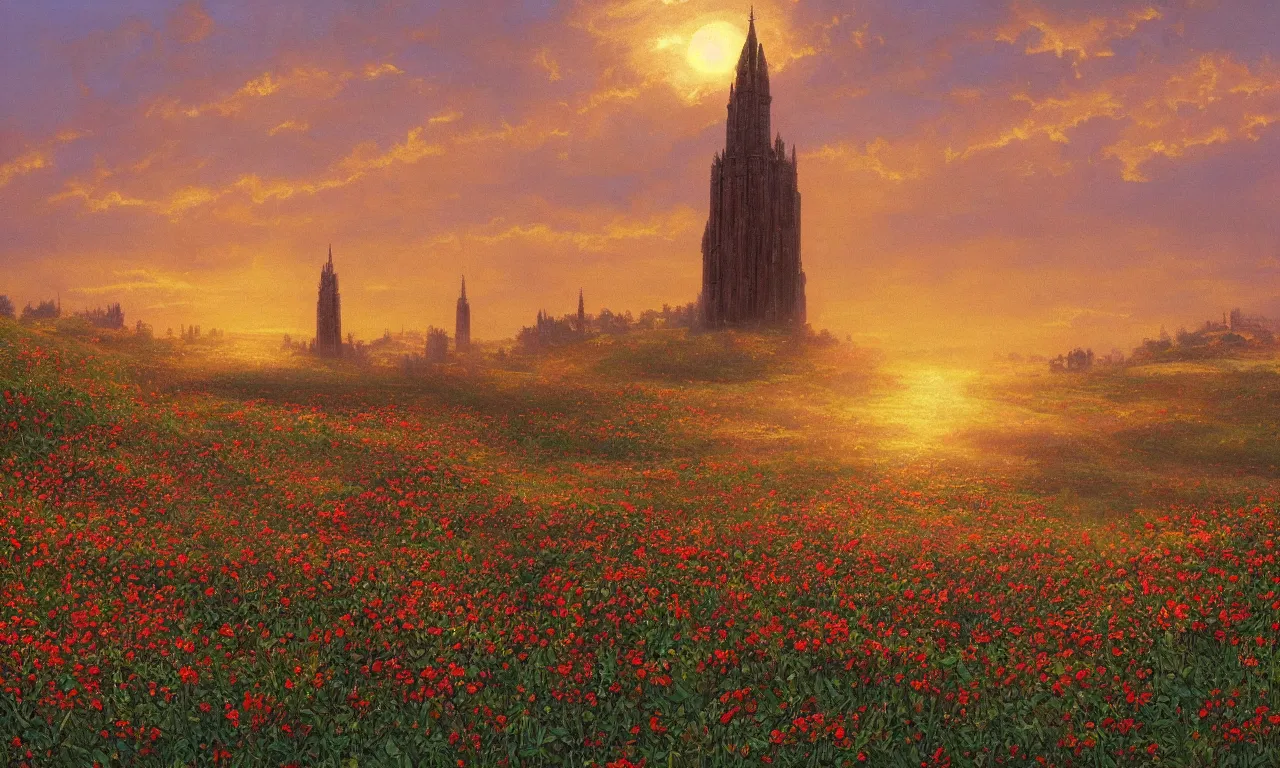 Prompt: in the distance is a terrifying dark tower. it\'s surrounded by a field of blooming red roses. the sun is setting in the distance. god-rays. warm. golden hour. by James Gurney. highly detailed.