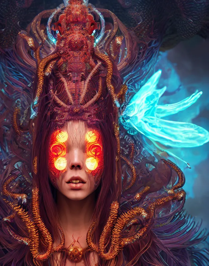 Prompt: demon goddess close-up portrait tribal slavic princess, jellyfish phoenix dragon, butterfly squid, burning halo, intricate artwork by Tooth Wu and wlop and beeple, greg rutkowski, very coherent symmetrical artwork, cinematic, hyper realism, high detail, octane render, unreal engine, 8k, Vibrant colors, Smooth gradients, High contrast, depth of field. aperture 1.4