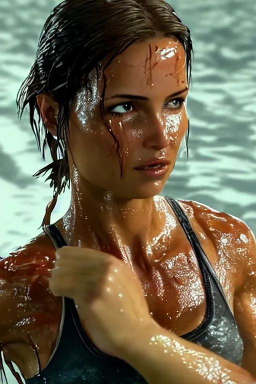 Prompt: a film still of lara croft, close up face, muscular body, drenched body, photography, wet dripping hair, emerging from the water