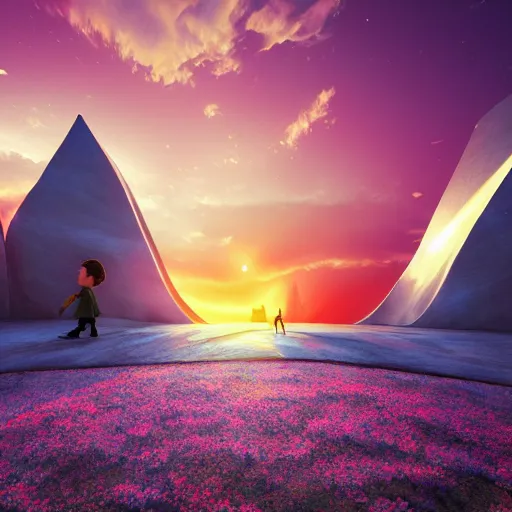 Image similar to a child walking down a liminal styled space stunning sunset in a heavenly crystallized garden of eden notan 3 d architecture single point perspective f 2 2 untra long shot wide angle lens trending on artstation