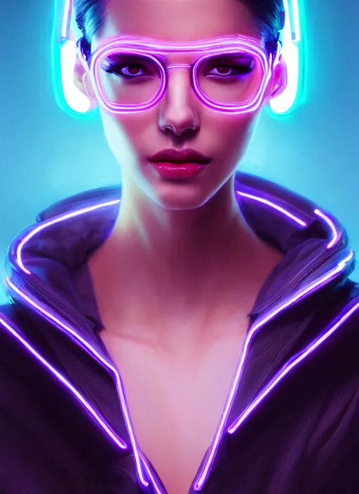 Image similar to portrait of female humanoid in transparent eyewear, intricate, elegant, cyber neon lights, highly detailed, digital photography, artstation, glamor pose, concept art, smooth, sharp focus, art by artgerm and greg rutkowski