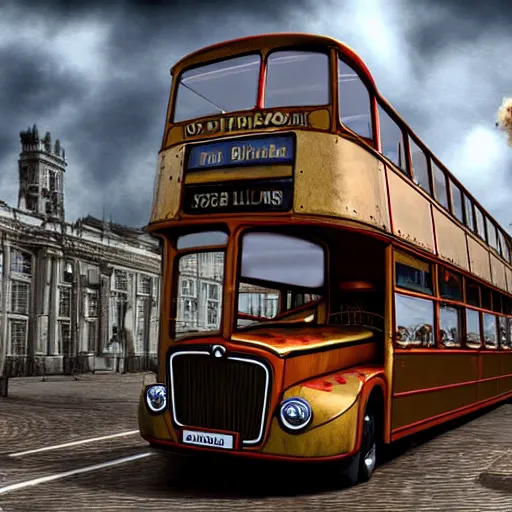 Image similar to A steampunk double decker bus with a giant billowing column ontop, steam powered, streetview of old London, by Enki Bilal, digital art, unreal engine, gothic style, - W 832