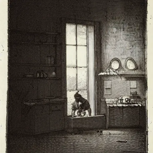 Image similar to kitchen of an abandonded house, illustration by Gustav Doré, Chiaroscuro