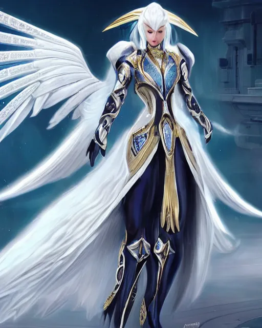 Image similar to perfect white haired attractive egyptian goddess with huge white dove wings, warframe armor, regal, ornate, beautiful, symmetric, dreamy, half asian, pretty face, blue eyes, detailed, scifi platform, laboratory, experiment, 4 k, ultra realistic, epic lighting, android body, illuminated, cinematic, masterpiece, art by akihito tsukushi, voidstar