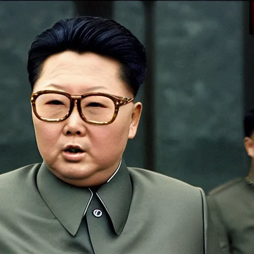 Prompt: Kim Jong-il as James Bond, 35mm, cinémascope, thriller