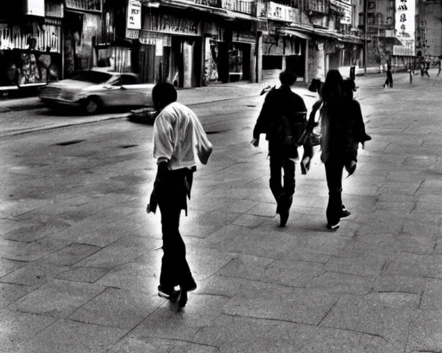 Prompt: Punk rocker, wide shot, street photography, by Fan Ho