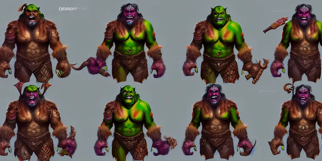 Image similar to different views of orcs, colourful intricate!! concept art by senior character artist, trending on artstation, full body character design