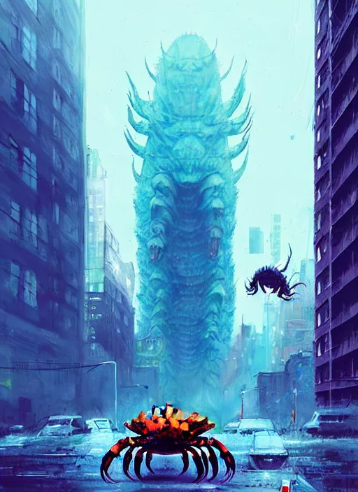 Prompt: crab kaiju in new york, sci - fi art, blue building in the background, art by ismail inceoglu