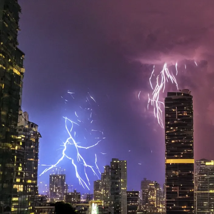 Prompt: seeing fireworks on the top of a skyscraper with lightning storm in the background on trending on twitter