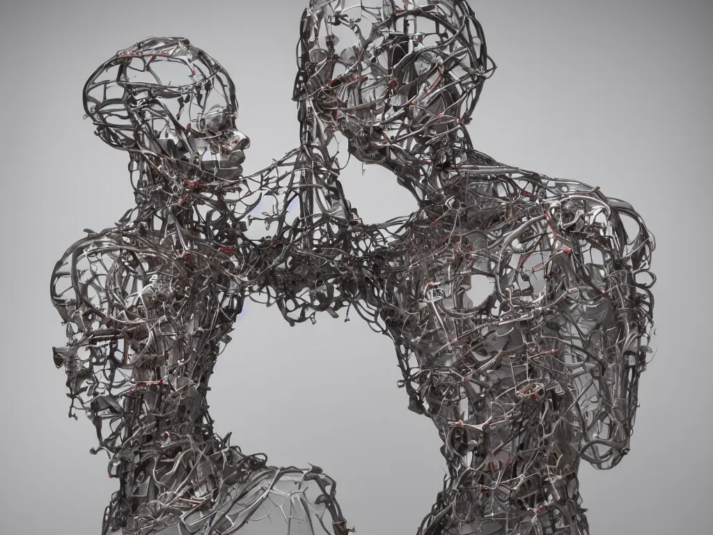 Image similar to dialysed romance, a hyperreal sculpture by diuq s, showing the complex twisted biomechanical interleaving reality of man and machine