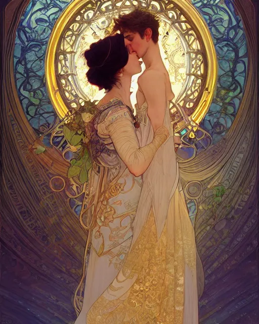 Image similar to the kiss | highly detailed | very intricate | art nouveau | gold filigree | romantic storybook fantasy | soft cinematic lighting | award - winning | painted by mandy jurgens and alphonse mucha and alena aenami | pastel color palette | featured on artstation