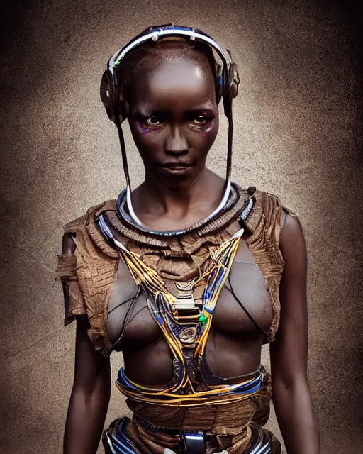 Prompt: beautiful afrofuturistic himba women, otjize, led detailed spacesuit, himba hairstyle, robotic arms, hyperrealistic, scifi, retouched photograph, dark, muted colors