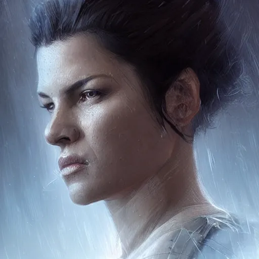 Prompt: portrait of a woman by greg rutkowski, she looks like gina carano, she is about 7 0 years old, impeccable military composure, wearing tactical gear of the galactic alliance, star wars expanded universe, highly detailed portrait, digital painting, artstation, concept art, smooth, sharp foccus ilustration, artstation hq