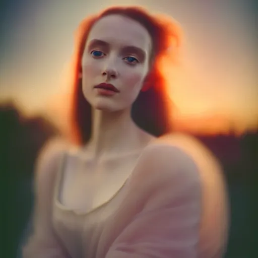 Prompt: photographic portrait of a stunningly beautiful english renaissance female vogue mage in soft dreamy light at sunset, beside the river, soft focus, contemporary fashion shoot, hasselblad nikon, by edward robert hughes