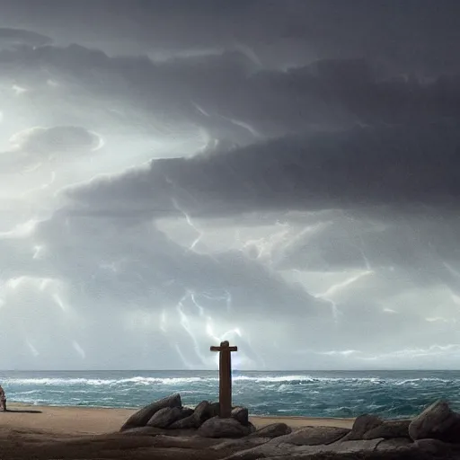 Prompt: a highly detailed matte painting of a large cross standing on the beach as a storm comes in with the tide, woman sitting in the sand watching the ocean, epic fantasy, god rays, rocky beach, ultrawide lense, aerial photography, unreal engine, exquisite detail, 8 k, art by albert bierstadt and greg rutkowski and jeong seon