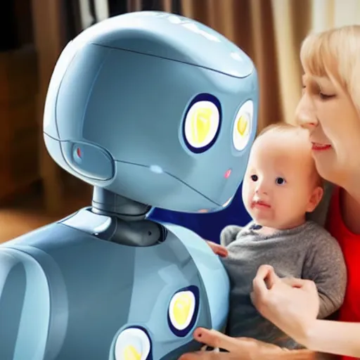 Prompt: a mother feeding a robot baby