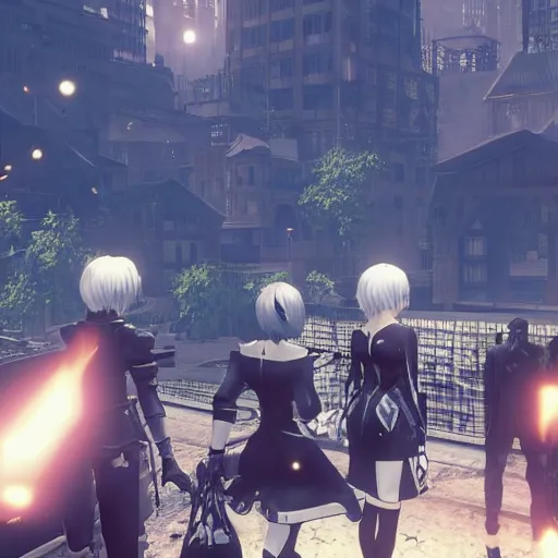 Prompt: Screenshot from Nier Automata in a bustling market