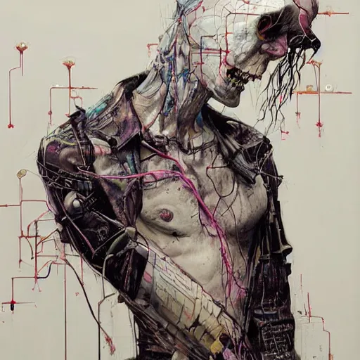 Image similar to in a dark room, a male cyberpunk hacker, skulls, wires cybernetic implants, machine noir steelpunk grimcore, in the style of adrian ghenie esao andrews jenny saville surrealism dark art by james jean takato yamamoto and by ashley wood