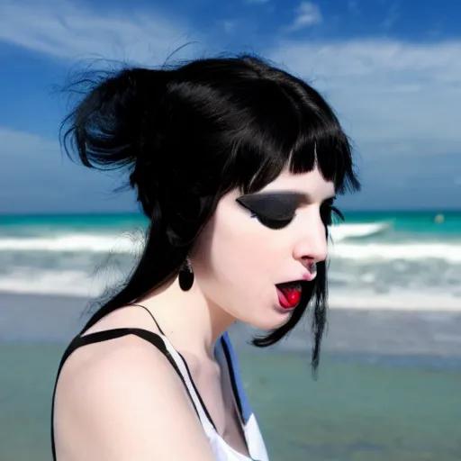 Prompt: pale goth girl with black hair annoyed on the beach