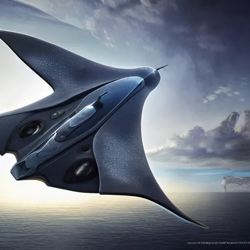 Image similar to a manta ray shaped futuristic spaceship in a stunning landscape by Eng, Kilian, ultra-detailed, hyper-realistic, 8k,