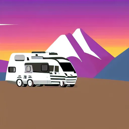 Prompt: very very very stylized minimal vector graphic of a thor chateau motorhome, mountains, highway and sunset!!, white background, dramatic, professional minimal graphic design cartoon