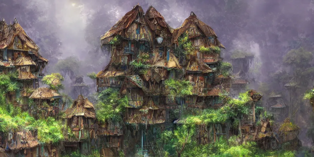 Image similar to long and tall fractal houses, village, jungle, artstation, digital art