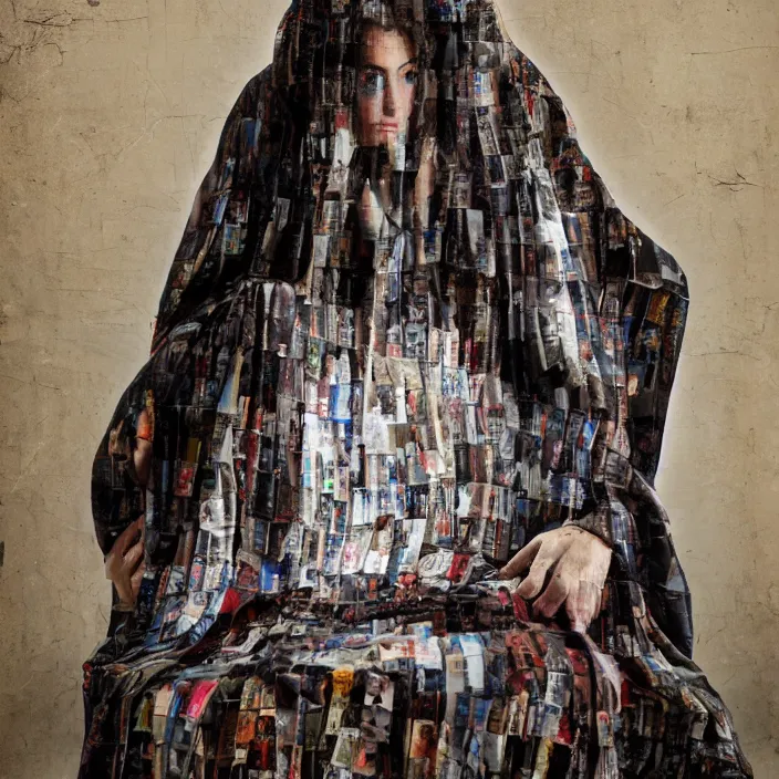 Image similar to a closeup portrait of a woman wearing a cloak made of photographs, staring at an empty chair, derelict home, photograph, by vincent desiderio, canon eos c 3 0 0, ƒ 1. 8, 3 5 mm, 8 k, medium - format print