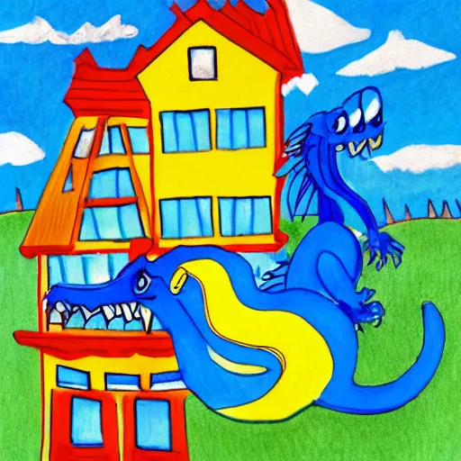 Prompt: children's cartoon of a blue dragon sitting on top of a yellow suburban home