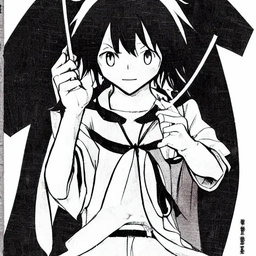Prompt: young anime wizard, illustrated by mato and ken sugimori, manga, black and white illustration