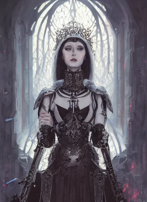 Image similar to portrait of beautiful pale gothic sister of battle, white hairs, warhammer 4 0 0 0 0, cyberpunk, intricate, elegant, highly detailed, digital painting, artstation, concept art, smooth, sharp focus, illustration, art by nikolai fechine and artgerm and greg rutkowski and alphonse mucha and gustav klimt