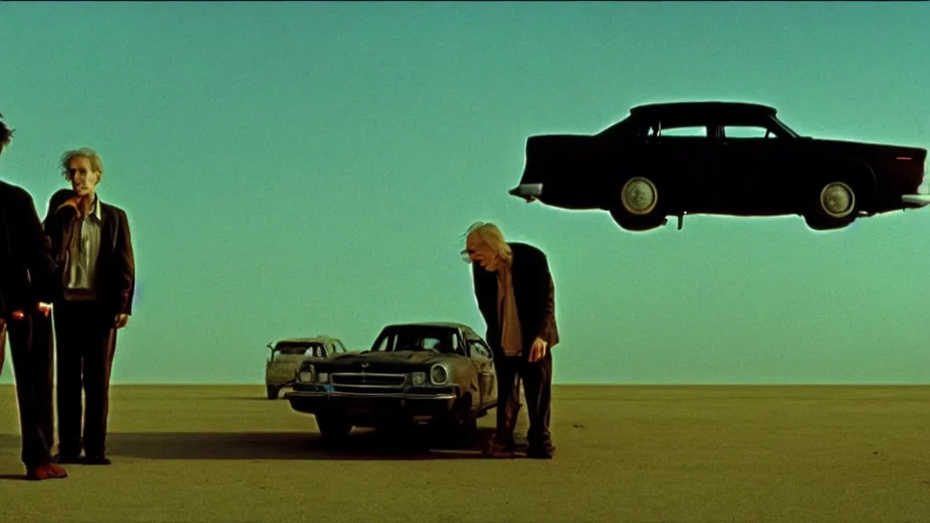 Image similar to the hip creature sells a used car, film still from the movie directed by denis villeneuve and david cronenberg with art direction by salvador dali and zdzisław beksinski, wide lens