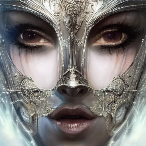 Image similar to Very very very very highly detailed epic photo of face with venetian mask, intricate, dystopian, sci-fi, extremely detailed, digital painting, artstation, concept art, smooth, sharp focus, illustration, intimidating lighting, incredible art by Artgerm and Tokujin Yoshioka and Anton Pieck